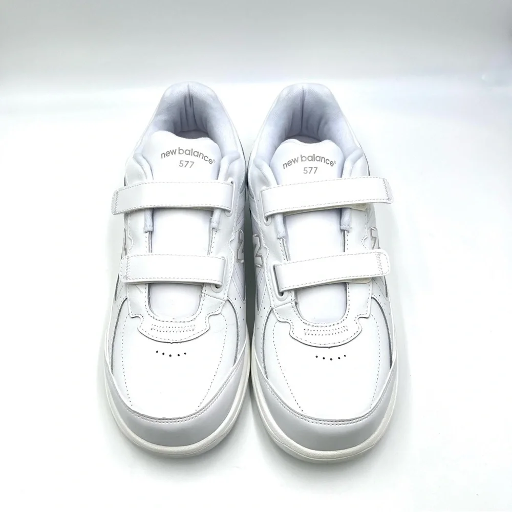 12W 12 WIDE New Balance Hook And Loop‎ 577 White Leather Walking Sneakers Shoes